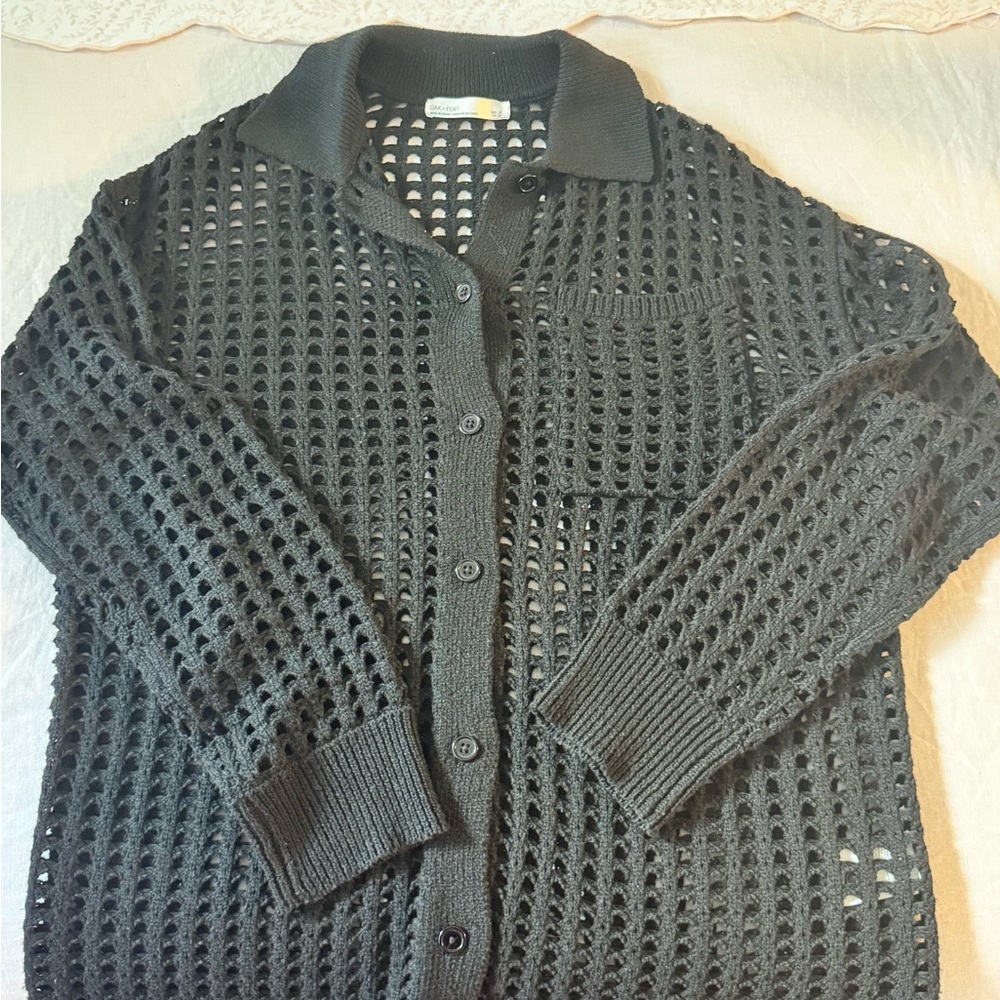 OAK + FORT Black Open-Knit Cardigan